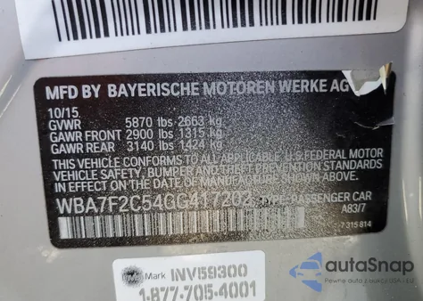 2016 BMW 750 Xi из США, поврежденный, VIN WBA7F2C54GG417202